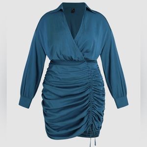 Cider Collar Long Sleeve Wrap Drawstring Mini Dress Curve and Plus